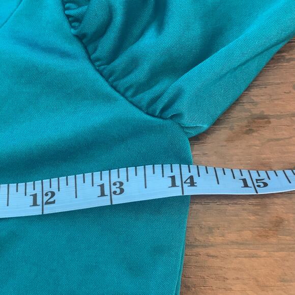 Cecil McBee Teal Ruffled V Neck Buttoned Blouse Small - Picture 6 of 7
